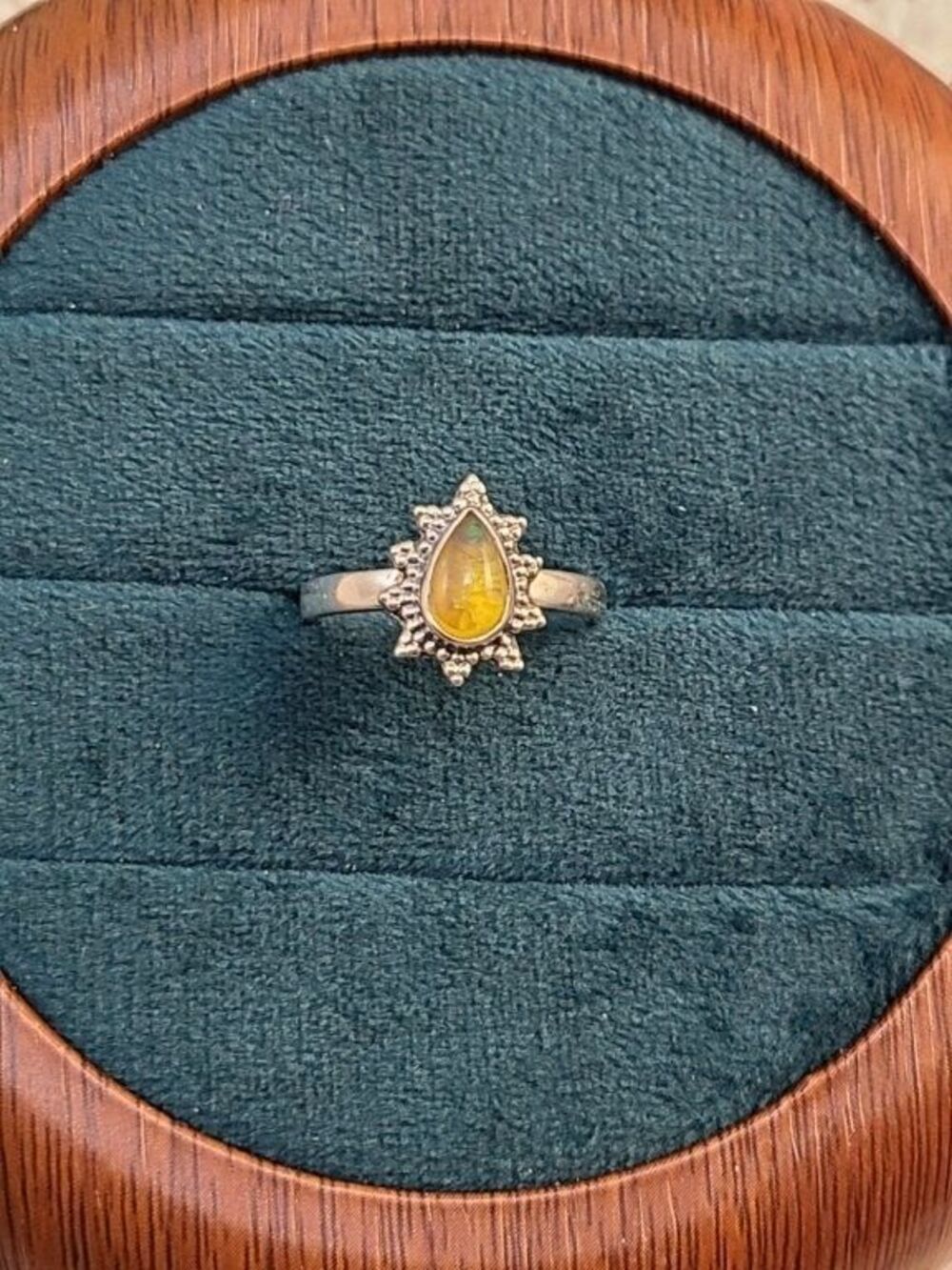 Sterling Silver Opal Ring Size 7 925 Teardrop Gemstone Halo Iridescent